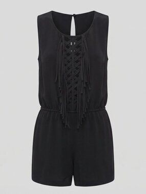 BCBGMAXAZRIA Black Silk Fringe Lattice Romper Back Keyhole Size S Style BID9C039